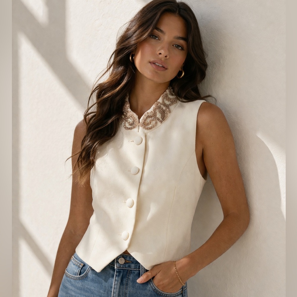 ✨ SCALA Collection Embellished Collar Ivory Vest Top – Size 4